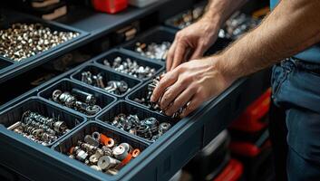 Close up of a mechanic hands sorting through a toolbox drawer filled with various nuts, bolts, and fasteners. Concept of organization, repair, workshop. photo