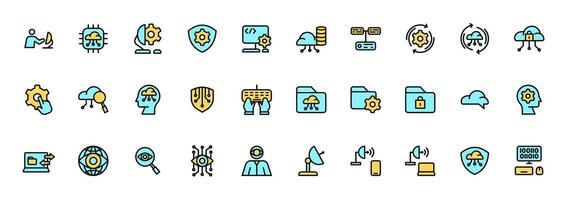 Icon Line Color Information Technology icon set. Included cloud computing, IT manager, big data, internet, network security, spyware, cloud computing, binary code and more. Line fill colors style vector