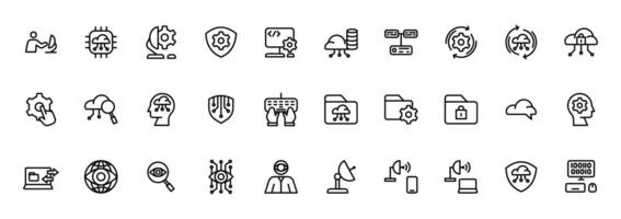 Icon Line Information Technology icon set. Included cloud computing, IT manager, big data, internet, network security, spyware, cloud computing, binary code and more. Outline style vector
