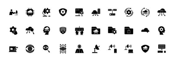 Icon Glyph Information Technology icon set. Included cloud computing, IT manager, big data, internet, network security, spyware, cloud computing, binary code and more. Solid black style vector