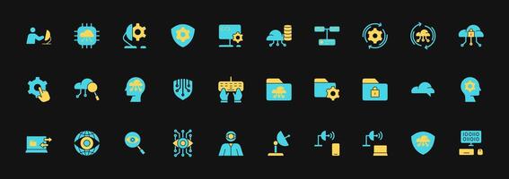 Icon Flat Information Technology icon set. Included cloud computing, IT manager, big data, internet, network security, spyware, cloud computing, binary code and more. Fill colors style vector