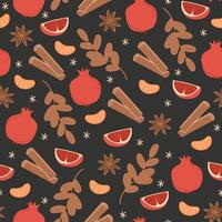 Seamless Christmas pattern with winter fruits, spices, and snowflakes on dark background vector