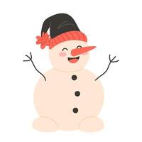 Snowman in a hat with raised arms, smiling joyfully vector