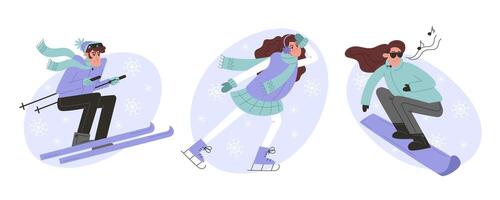 Set of winter sports activities with skiing, ice skating, and snowboarding vector