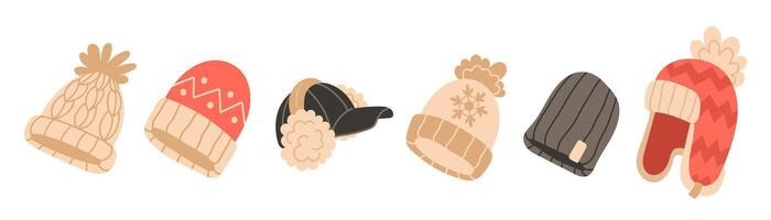 Set of warm winter hats in various designs vector