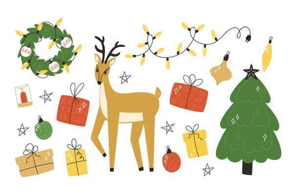 Set of Christmas elements including tree, reindeer, gift boxes, ornaments, lights, candle, and wreath