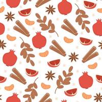 Christmas seamless pattern with winter fruits, pomegranate, tangerine, dates, cinnamon, and anise vector