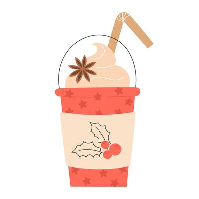 Christmas coffee cup with whipped cream, spices and a straw