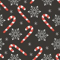 Christmas seamless pattern with red and white candy canes, snowflakes on a dark background vector