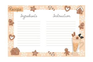 Blank recipe card for Christmas cookies with gingerbread, snowflakes, and a spiced latte illustration vector