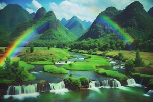 A rainbow over a river and waterfall in the mountains photo