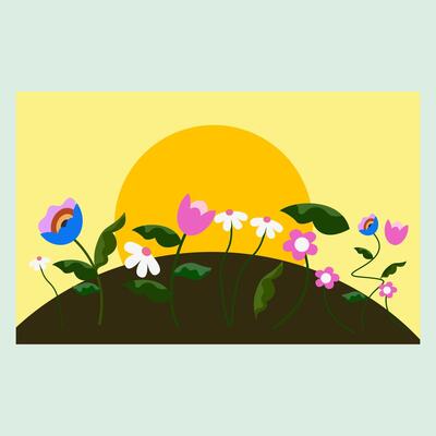 A vibrant sunset casts a warm glow over a field of cheerful flowers