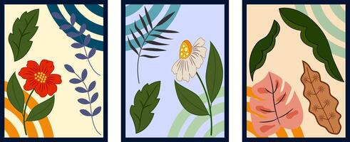 These three abstract floral prints are like a summer dream capturing the essence of nature with their bold colors and simple shapes vector