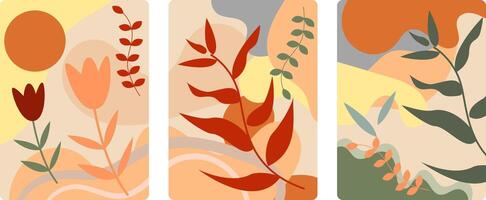 Three minimalist artworks featuring stylized plants and organic shapes Each piece is a harmonious blend of muted browns soft yellows and pops of vibrant red vector