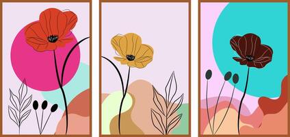 A set of three abstract floral paintings featuring poppies in various colors against a backdrop of organic shapes and muted tones vector