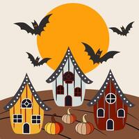 A whimsical Halloween scene with three adorable houses each with unique features like polka dots stripes and windows vector