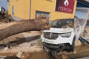 VALENCIA, SPAIN OCTOBER 31, 2024. Devastating consequences of flooding in Valencia, with a large tree crushing a car photo