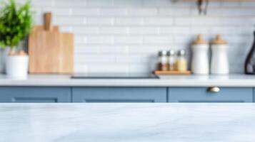 empty marble countertop in scandinavian style kitchen with blue furniture photo