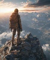 A man with a backpack standing on top of a mountain photo