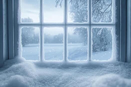 Winter window with snow on the ground photo