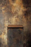 An industrial metal podium with a brown surface, ideal for edgy and modern product displays and presentations. The gritty background adds a raw and urban feel photo