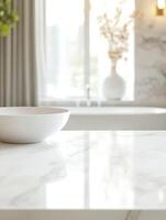 For product display, an empty marble top table with a blurred background of a bathroom photo