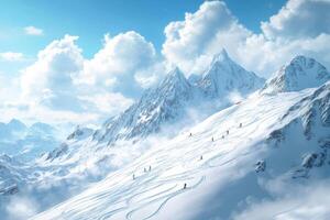 Snowy mountains with skiers on top of them photo