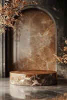 An elegant marble podium with a brown surface, perfect for high-end product displays and presentations. The luxurious background enhances the sophisticated look photo