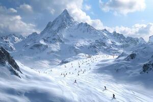 A group of people skiing down a snowy mountain photo