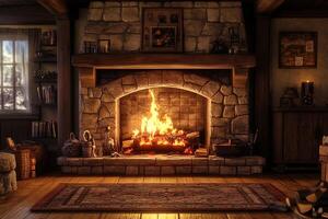 A fireplace with a fire in it and a rug photo