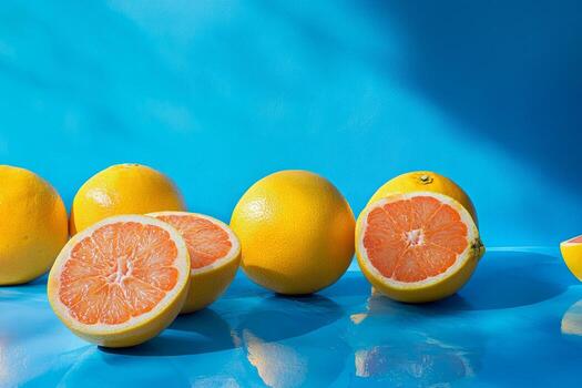 A group of oranges on a blue surface photo