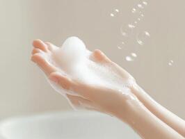 A person washing their hands with soap photo
