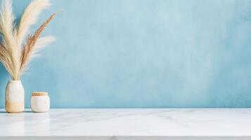 Copy space on white stone marble table top in modern minimalistic kitchen photo