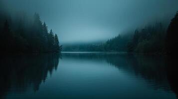 Before sunrise, dark sky with a touch of light, gentle rain, forest or lake photo
