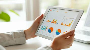 Close-up shot of hands working on a tablet displaying digital marketing strategies, icons representing analytics photo