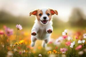 A puppy is jumping in the air in a field of flowers photo