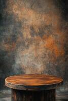 A rustic wooden podium with a brown surface, perfect for showcasing products or presentations. The textured background adds a touch of warmth and character photo