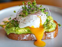 A minimalist close-up of avocado toast topped with a poached egg and microgreens, creating a trendy, health-focused look. Ideal for health and lifestyle content photo
