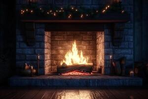 A fireplace with a fire in it and candles photo