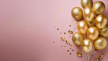 Gold balloons and confetti on a pink background photo