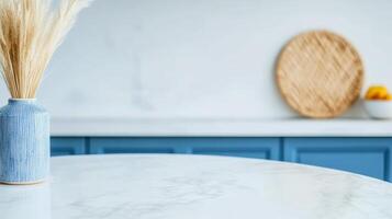 Copy space on white stone marble table top in modern minimalistic kitchen photo