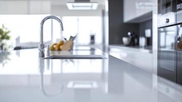 A sleek and modern kitchen counter featuring stylish appliances and decor. Ideal for e-commerce websites needing a sophisticated and contemporary background with plenty of copy space photo