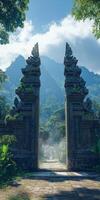 An ancient gate in the jungle with a mountain in the background photo