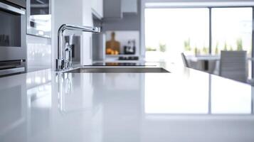 A sleek and modern kitchen counter featuring stylish appliances and decor. Ideal for e-commerce websites needing a sophisticated and contemporary background with plenty of copy space photo