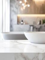 For product display, an empty marble top table with a blurred background of a bathroom photo