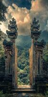 An ancient doorway in the jungle with a view of the mountains photo
