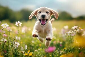 A puppy running through a field of flowers photo