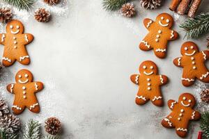 A festive image of gingerbread cookies on a decorative background, perfect for product placement and text overlay photo