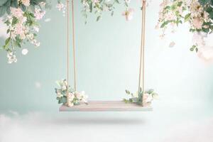 A whimsical digital composite background with a wooden swing adorned with soft floral accents in delicate pastel hues, perfect for newborn photography and text placement photo