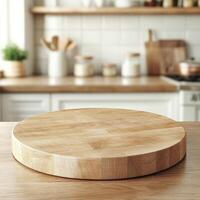 Beautiful round wood tabletop counter inside, empty, with a bright, clean kitchen background. Ideal for banners and product montage displays. photo